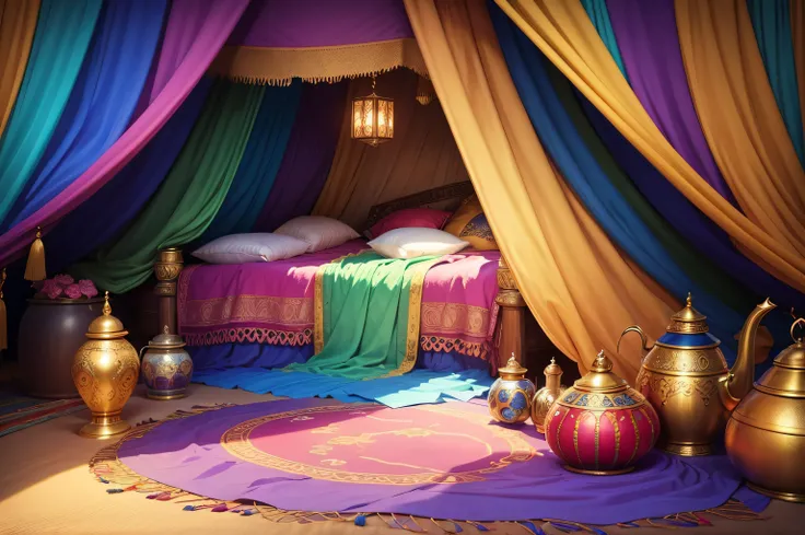 A colorful and vibrant tent, adorned with silk fabrics and golden curtains where potions and elixirs are sold