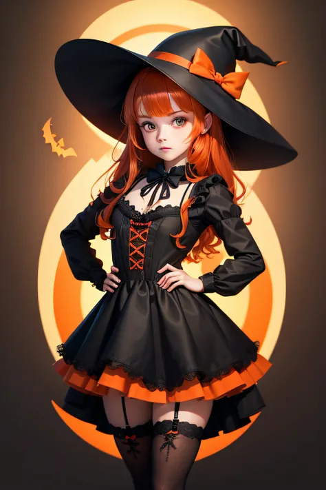 Generates a 8000x8000 px vector image of a cute, standing, naive Halloween schoolgirl with - red hair - black witch hat with orange ribbon - big olive eyes, black lace dress with orange bow on the neck - black boots with white lace stockings- a pumpkin on ...