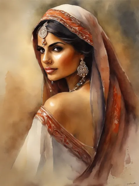 Very Beautiful Watercolor painting of a Middle Eastern girl : : Trending on Artstation: : Simple composition creates a sense of order and harmony. The painting reflects the spiritual qualities of the natural world. --up light --ar 9:16