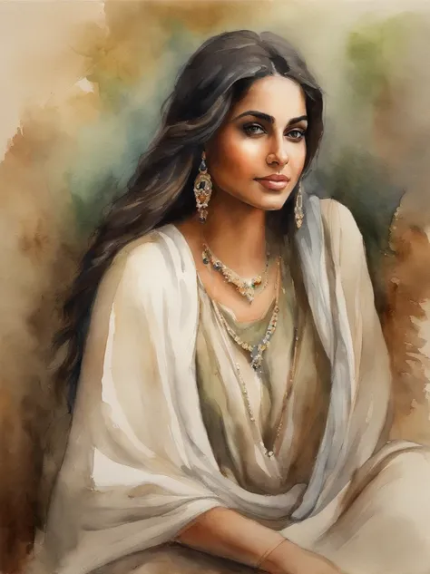 Very Beautiful Watercolor painting of a Middle Eastern girl : : Trending on Artstation: : Simple composition creates a sense of order and harmony. The painting reflects the spiritual qualities of the natural world. --up light --ar 9:16