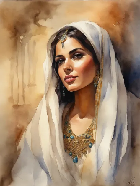 Very Beautiful Watercolor painting of a Middle Eastern girl : : Trending on Artstation: : Simple composition creates a sense of order and harmony. The painting reflects the spiritual qualities of the natural world. --up light --ar 9:16