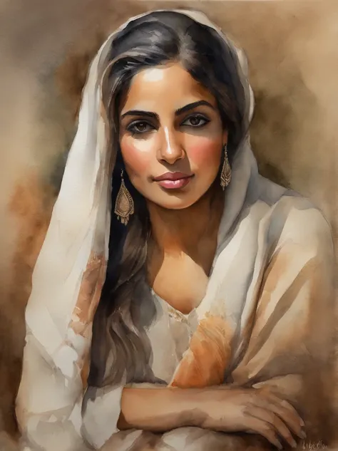 Very Beautiful Watercolor painting of a Middle Eastern girl : : Trending on Artstation: : Simple composition creates a sense of order and harmony. The painting reflects the spiritual qualities of the natural world. --up light --ar 9:16