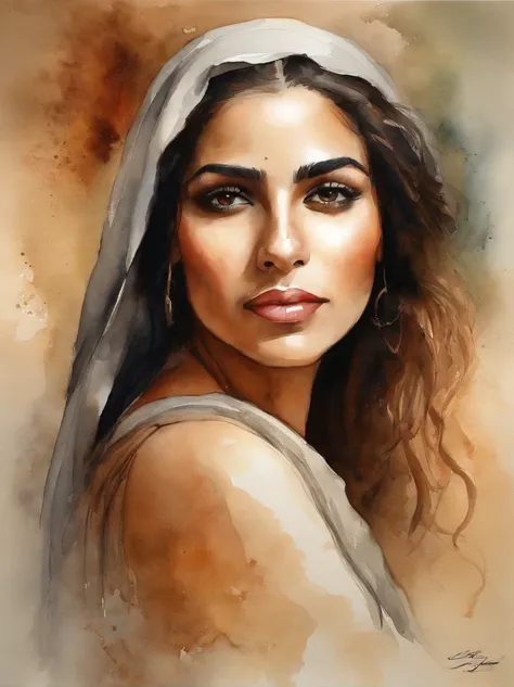 Very Beautiful Watercolor painting of a Middle Eastern girl : : Trending on Artstation: : Simple composition creates a sense of order and harmony. The painting reflects the spiritual qualities of the natural world. --up light --ar 9:16