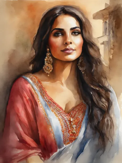 Very Beautiful Watercolor painting of a Middle Eastern girl : : Trending on Artstation: : Simple composition creates a sense of order and harmony. The painting reflects the spiritual qualities of the natural world. --up light --ar 9:16