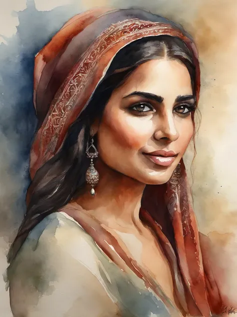 Very Beautiful Watercolor painting of a Middle Eastern girl : : Trending on Artstation: : Simple composition creates a sense of order and harmony. The painting reflects the spiritual qualities of the natural world. --up light --ar 9:16