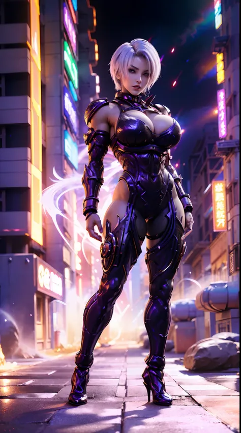 (DRAGON QUEEN), WHITE SHORT HAIR, HUGE FAKE BOOBS, (BEAUTIFUL FACE), (PURPLE, BLACK, RED), (STREET CITY BACKGROUND), (FUTURISTIC MECHA BRA), (CLEAVAGE), (SKINTIGHT YOGA PANTS), (HIGH HEELS), (PERFECT BODY:1.2), (FULL BODY VIEW), (LOOKING AT VIEWER), (STAND...