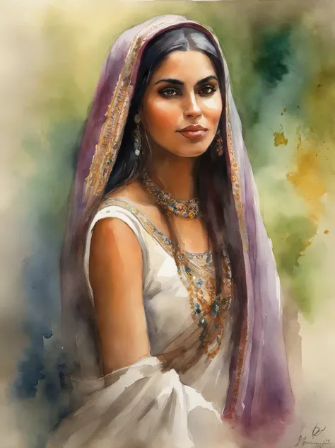 Very Beautiful Watercolor painting of a Middle Eastern girl : : Trending on Artstation: : Simple composition creates a sense of order and harmony. The painting reflects the spiritual qualities of the natural world. --up light --ar 9:16