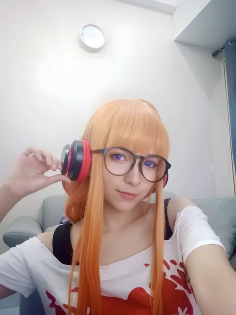 there is a woman with orange hair and glasses wearing headphones, anime ears, belle delphine, anime inspired, anime girl in real life, anime girl cosplay, anime waifu, orange halo around her head, with head phones, ayaka cosplay, anime style, anime vibes, ...