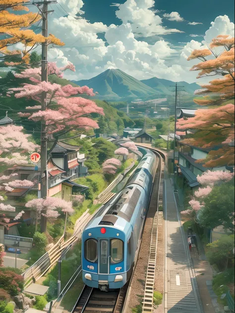 Central Japan train、Japan countryside、Cinematic scenery、Ghibli、during daytime、Clouds,masutepiece,Best Quality,Sketch style、