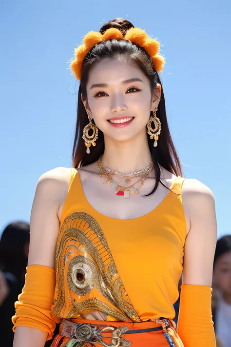 (extra detailed body、extra detailed face、best qualtiy:1.2)、femele、looking at the viewers、(a smile、Fashion show wacky clothes with strong contrast of yellow and orange and red、asymmetry、Fancy piercings、a necklace、A bracelet)、(sky in a background)