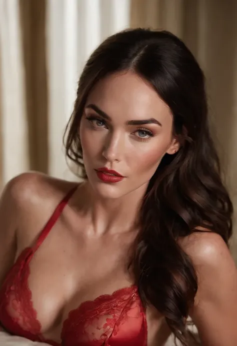 Megan fox desnuda en la cama de lujo, with red lingerie and makeup.