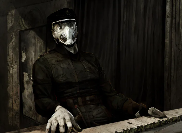 Um homem com roupas militares da Segunda Guerra Mundial, wearing a cap and a white theater mask that covers his entire face, altamente rosto detalhado, Dorohedoro, estilo Desonrado, Personagem Disco Elysium, Estilo de arte de Cedric Peyravernay