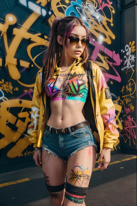 (8k, ARTISTIC photography, best quality, masterpiece: 1.2) close up, full color painting of a standing cyberpunk girl, sunglasses, platform shoes, Harajuku fashion ((yellow bubble jacket)), perfect hourglass figure,low angle view, (((Graffiti art) (by Carn...