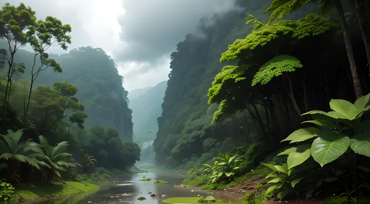 noite com tempestade, Cloudy sky and heavy rain in a rainforest, Wet vegetation