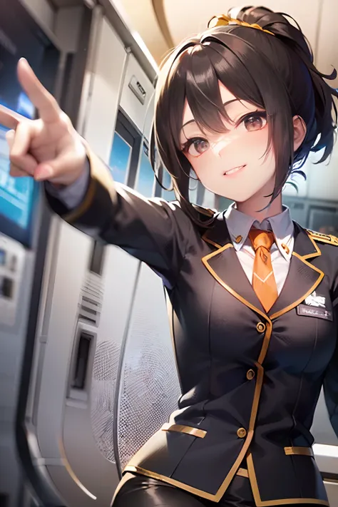 Stewardess, ((Stewardess uniform:1.5)), ((Black tight skirt:1.5)), Anatomically correct body,  very detailed face and eyes, ((Kyoto Animation Style)), super precision, ​masterpiece, very extremely beautiful, Princess Face, Boyish girl, shorth hair, Straigh...