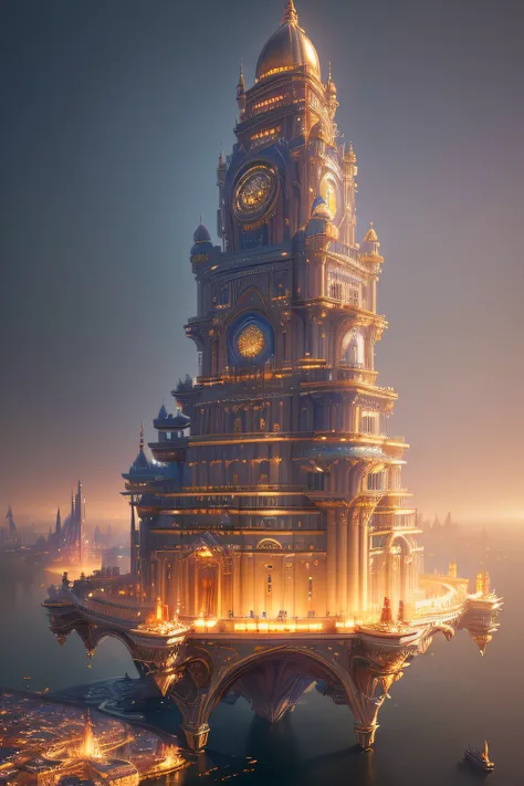 (((((Masterpiece)), Ivory Gold AI City at Night, Isometric, 3D rendering, Very high definition, High detail, There is a big clock on a plate in the water, gorgeous spaceship painting, 4K highly detailed digital art, gorgeous gilded space machine, golden st...