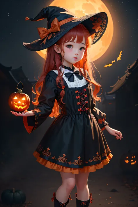 Adorable little girl standing, wearing a long black and white lace Halloween dress, red hair, black witch hat with orange ribbon, big olive eyes, naive, schoolgirl, with orange bow on her neck, black boots with white lace stockings and a pumpkin on the lef...