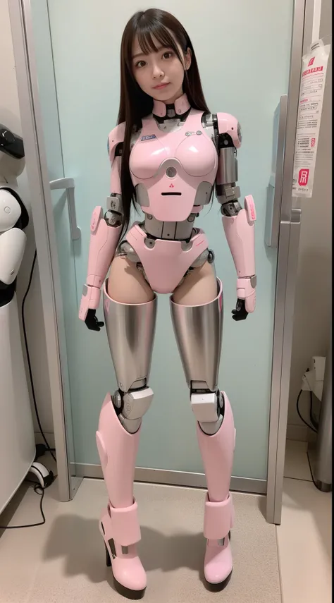 cyborg, Pink, Silver, metallic, Robot Parts, Metal Parts, Super Detailed Face, Super Cropped Face, of the highest quality, a small face, Full body, Standing, Black hair, Thin, Camera gaze, Internal Mechanical Exposure, Idol, Live action,, 9 head body, grav...