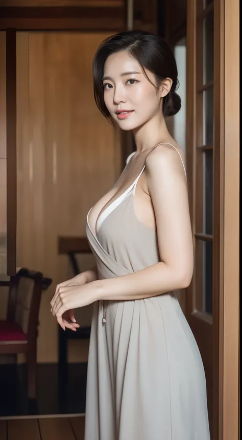 photograph of-realistic (1 korean royal sister star) hair slicked back, white skin, thin makeup, 32 inch breast size, a slight s...