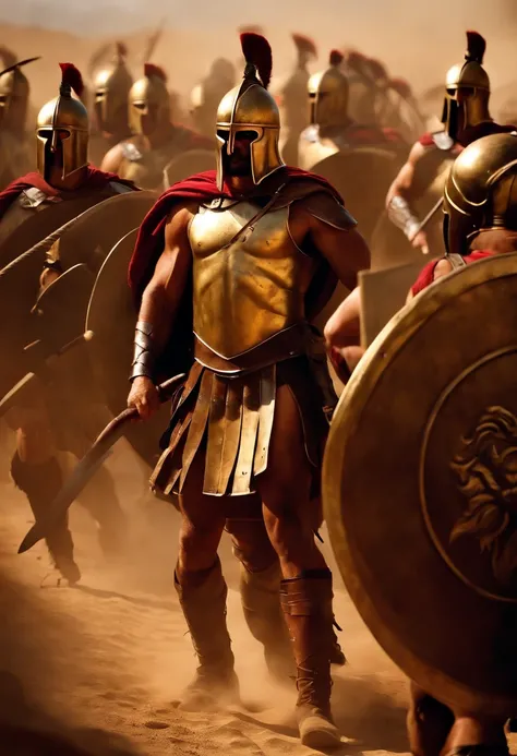 Spartan boys, fierce warriors, muscular bodies, intense gaze, training with spears, leather armors, strong legs, battle formations, ancient Greece, dusty training grounds, disciplined, determined, athletic, fearless, warrior spirit, bronze swords, spartan ...