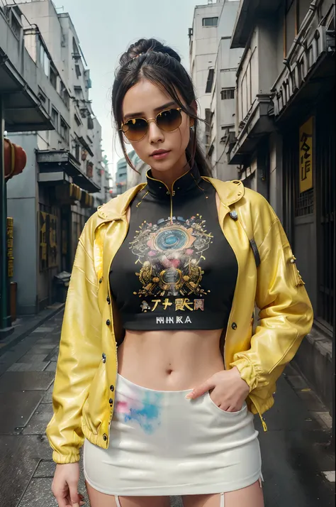 (8k, ARTISTIC photography, best quality, masterpiece: 1.2) close up, full color painting of a standing cyberpunk girl, sunglasses, platform shoes, Harajuku fashion ((yellow bubble jacket)), perfect hourglass figure, low angle view, (((Kowloon) (((china))),...