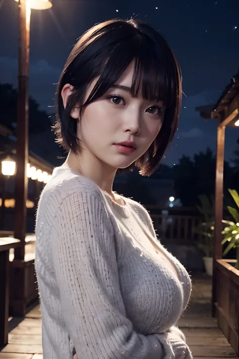 one woman,sweater,posing,large breasts,cute face,big eyes,cool face,short hair,midnightblue hair,looking at viewer,outdoor,night,masterpiece, extremely fine and beautiful,photorealistic,boyish,japanese