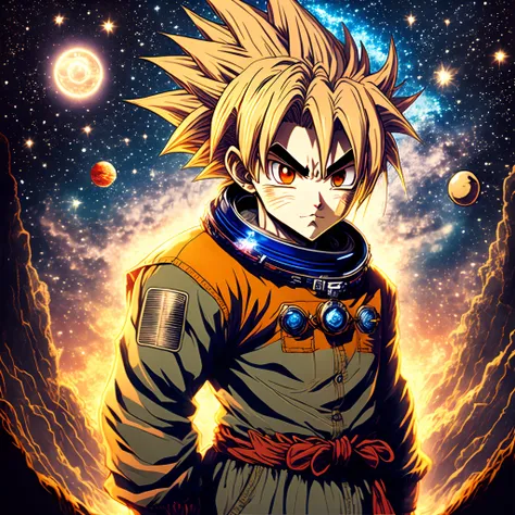 Anime character with Goku dragon ball z features with space background with multiple worlds,With futuristic look with robot monocle on left eye