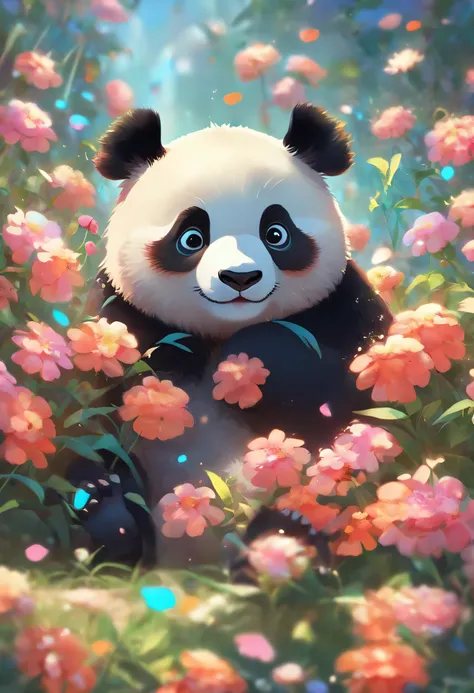 A cute panda lying on the flowers，has big eyes，Blushlush，Lazy，greet，high detal