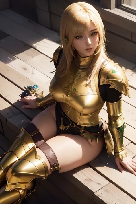 masterpiece, beautiful girl sitting with open legs looking at the viewer (((top view))) in shiny golden & green medieval highly detailed armor (((in Final Fantasy aesthetic style)))