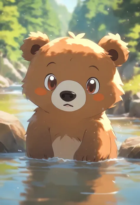 A cute bear stand on river，has big eyes，Blushlush，Lazy，greet，high detal