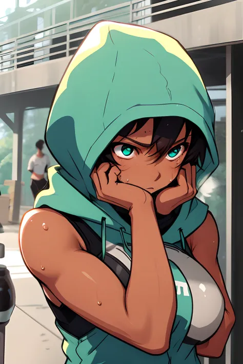 Masterpiece, tomboy, very short hair, tan, ((tanned skin)), defined arms, muscular arms, medium boobs, hood, green eye, blue eye, square, park, holding bottle, cold bottle, sweat running down the girls face, looking tired, out of breath, hot,