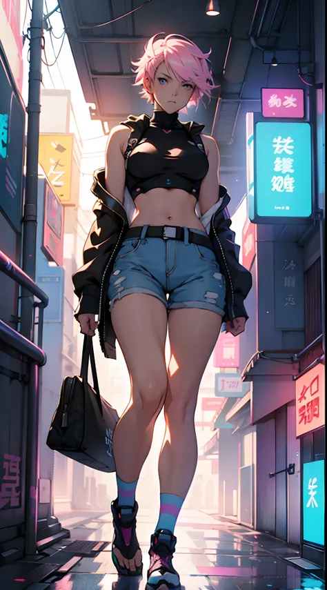 Anime cyberpunk woman with Pastel Rainbow white blue short hair,Light Pink eyes, 20 years old, by makoto shinkai, stanley artgerm lau, wlop, rossdraws