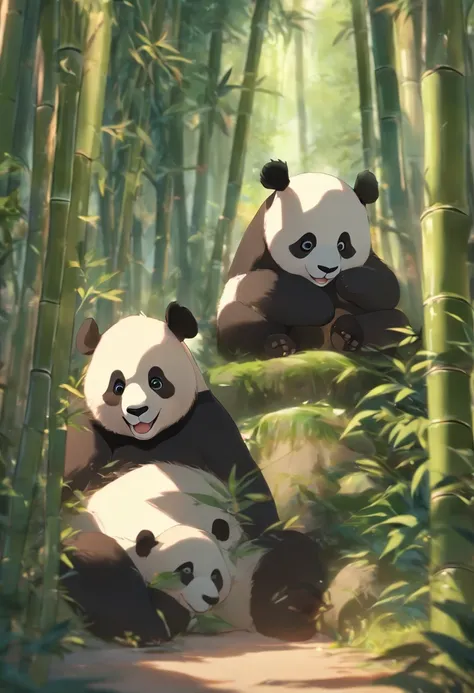 (best quality,4k,8k,highres,masterpiece:1.2), ultra-detailed, (realistic,photorealistic,photo-realistic:1.37), pandas, cute, lying, bamboo forest, eating bamboo, big eyes, blush, lazy, greeting, high detail, greenery, peaceful, tranquility, adorable, fluff...