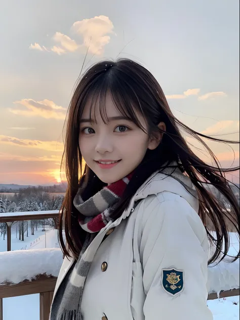 (Dressed in winter uniform with white coat and gray scarf、Portrait of one girl with slender small breasts and long hair with dull bangs:1.5)、(One girl opens her hands wide、Small smile and hair fluttering in the wind :1.3)、(Beautiful snowy sunset red sky:1....