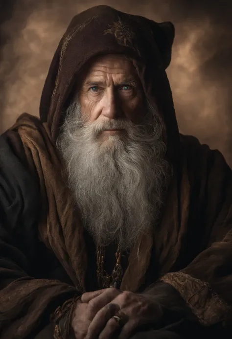 A portrait of a wizard, bearded, wrinkled, weathered, with piercing eyes, detailed face, high details, photography, dark studio, rim light, Nikon D850, 50mm, f/1.4