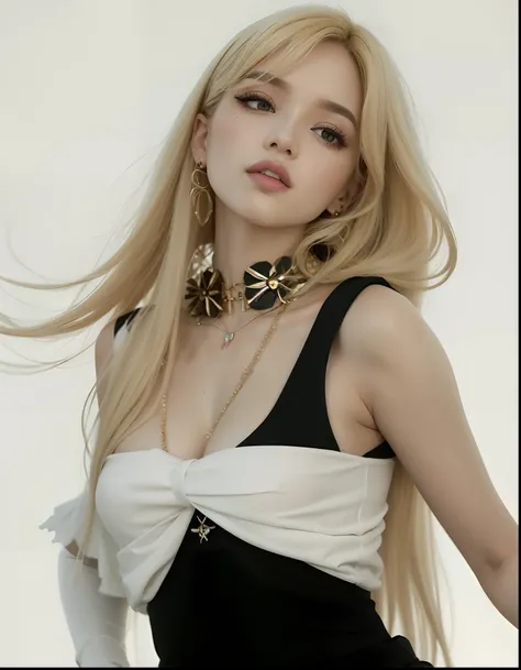 Blonde woman Araffe with long hair and a necklace around her neck, Parque Roseanne do Blackpink, ava max, Jossi do Rosa Preto, jia, Retrato de Jossi do Blackpink, Ellie Bamber, Lalisa Manoban do Blackpink, Ellie Bamber Fada, Jennie Rosa Preto, com longos c...