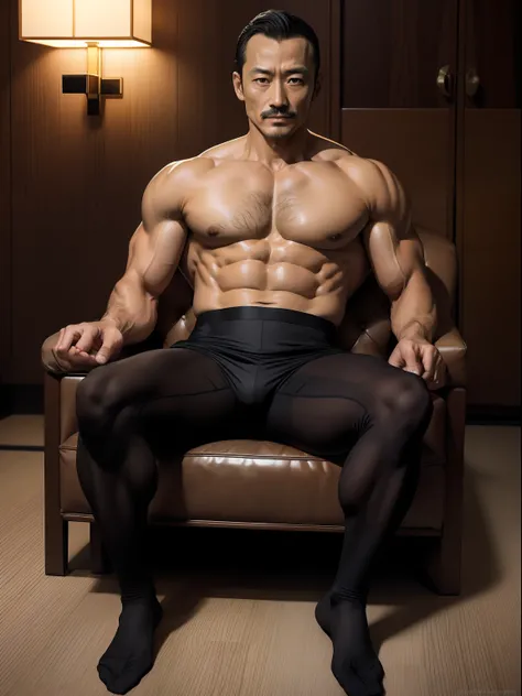 45 yers old，Hidetoshi Nakata ，（Kogoro Mouri 1.3），浴室，A muscular man sitting，Raised butt，leg wide open，Crotch contour，Wear lace lingerie，with mustache，tmasterpiece，k hd，the feet，Business suit，semi transparent，black long socks，The barefoot，Thick chest hair