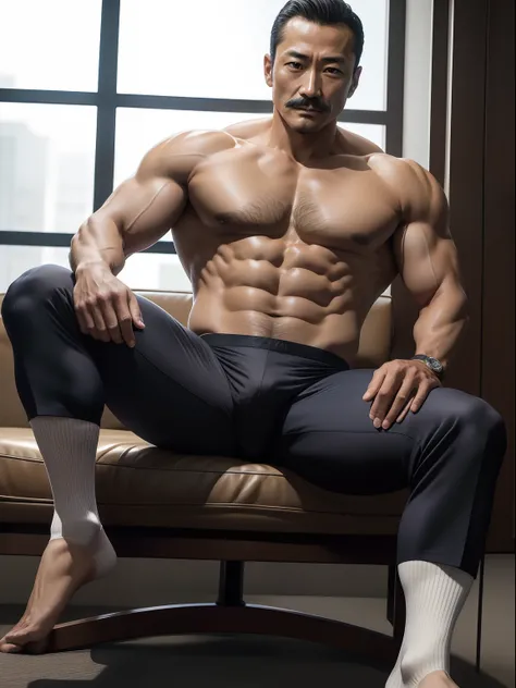 45 yers old，Hidetoshi Nakata ，（Kogoro Mouri 1.3），浴室，A muscular man sitting，Raised butt，leg wide open，Crotch contour，wearing an sexy underwear，with mustache，tmasterpiece，k hd，the feet，Business suit，semi transparent，black long socks，The barefoot，Thick chest ...