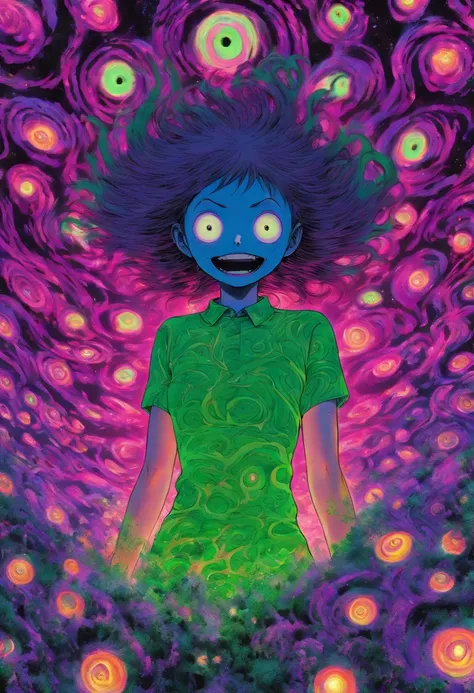 masterpíece a woman with purple hair  in a green neon shirt standing inside of a black hole, galaxy behind  junji itos uzumaki, junji ito artwork, subtle junji ito, ito junji art, in style of junji ito, art style of junji ito, junji ito style, vertigo comi...