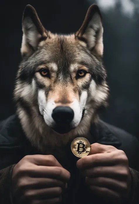 a wolf half face man holding a bitcoin