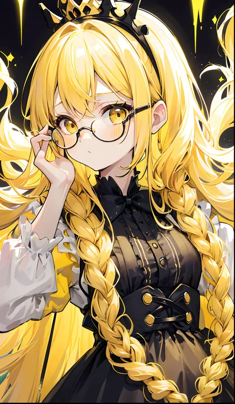 Long blonde hair，Black glasses，The various yellow and yellow princess puffy dresses look a little intellectual and cute, Poor and simple little yellow braid，Glowing，black-frame glasses，Various yellow and white dresses with light golden yellow look a little...