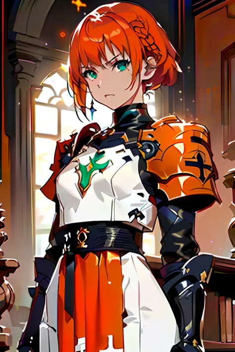 a woman in a white and orange outfit standing in a room, armor girl, female protagonist 👀 :8, portrait knights of zodiac girl, demon slayer rui fanart, from arknights, ayaka genshin impact, female redhead templar, ayaka game genshin impact, female knight, ...