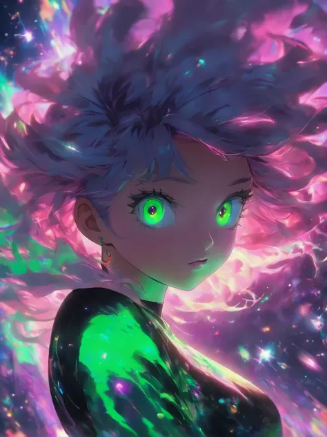 "(best quality, highres, masterpiece:1.2), ultra-detailed, (realistic:1.37), woman, purple hair, green neon shirt, standing, inside of a black hole, galaxy behind, vivid colors, portraits, surreal lighting, cosmic atmosphere"