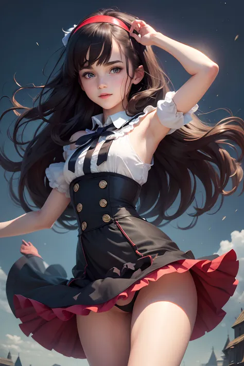 8k, hight quality, best quality, emma watson, panties dress, teenager, hairband, clean armpits, black hair, long hair, Big legs, blue eyes, sexy look, (loli), stand, middle smile, red lips.