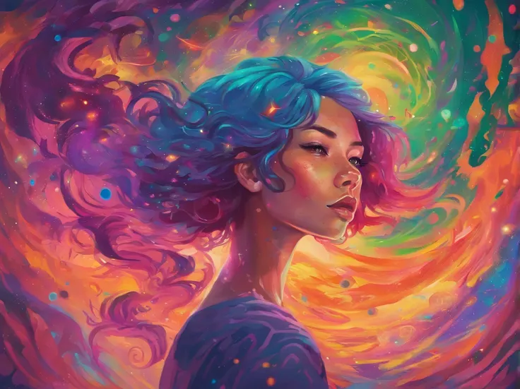 A masterpiece painting of a woman with vibrant purple hair, wearing a bright green neon shirt, standing inside a swirling black hole. In the background, a galaxy can be seen with stars and colorful nebulae. The womans expression is serene and powerful, as ...