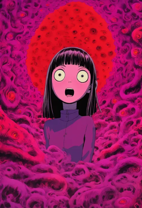 MASTERPIECE a woman in a red shirt standing inside of a purple hole, junji itos uzumaki, junji ito artwork, subtle junji ito, ito junji art, in style of junji ito, art style of junji ito, junji ito style, vertigo comic, style of satoshi kon, junji ito unde...