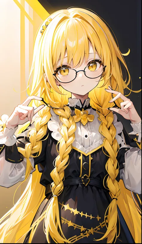 Long blonde hair，Black glasses，The various yellow and yellow princess puffy dresses look a little intellectual and cute, Poor and simple little yellow braid，Glowing，black-frame glasses，Various yellow and white dresses with light golden yellow look a little...