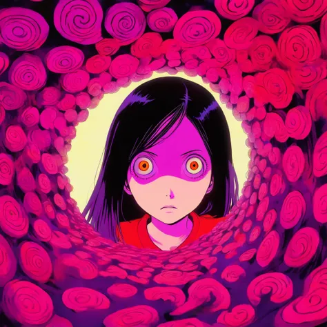 MASTERPIECE a woman in a red shirt standing inside of a purple hole, junji itos uzumaki, junji ito artwork, subtle junji ito, ito junji art, in style of junji ito, art style of junji ito, junji ito style, vertigo comic, style of satoshi kon, junji ito unde...