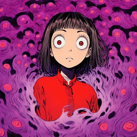 MASTERPIECE a woman in a red shirt standing inside of a purple hole, junji itos uzumaki, junji ito artwork, subtle junji ito, ito junji art, in style of junji ito, art style of junji ito, junji ito style, vertigo comic, style of satoshi kon, junji ito unde...