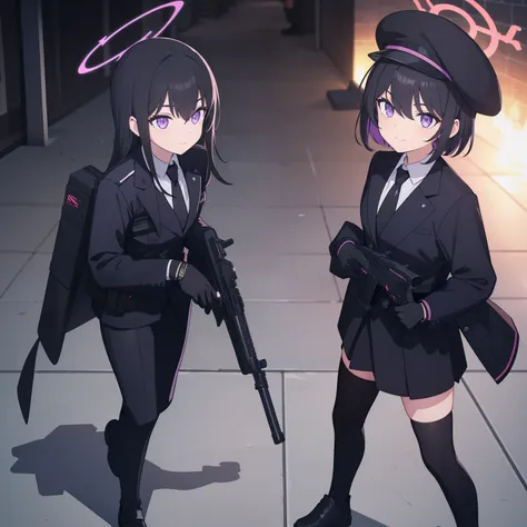 2girls, black hat, tactical black railed headset, purple eyes, focused, black long messy hair, black suit, black tie, white shir...